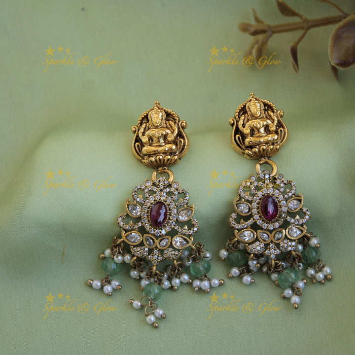 Gorgeous Lakshmi peacock half moon design dual tone victorian AD short necklace with ruby and mint green beads