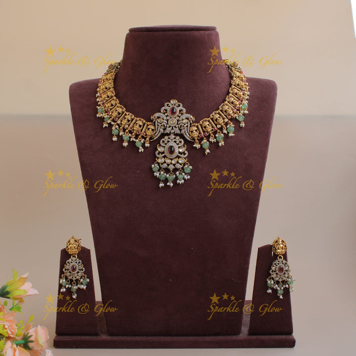 Gorgeous Lakshmi peacock half moon design dual tone victorian AD short necklace with ruby and mint green beads