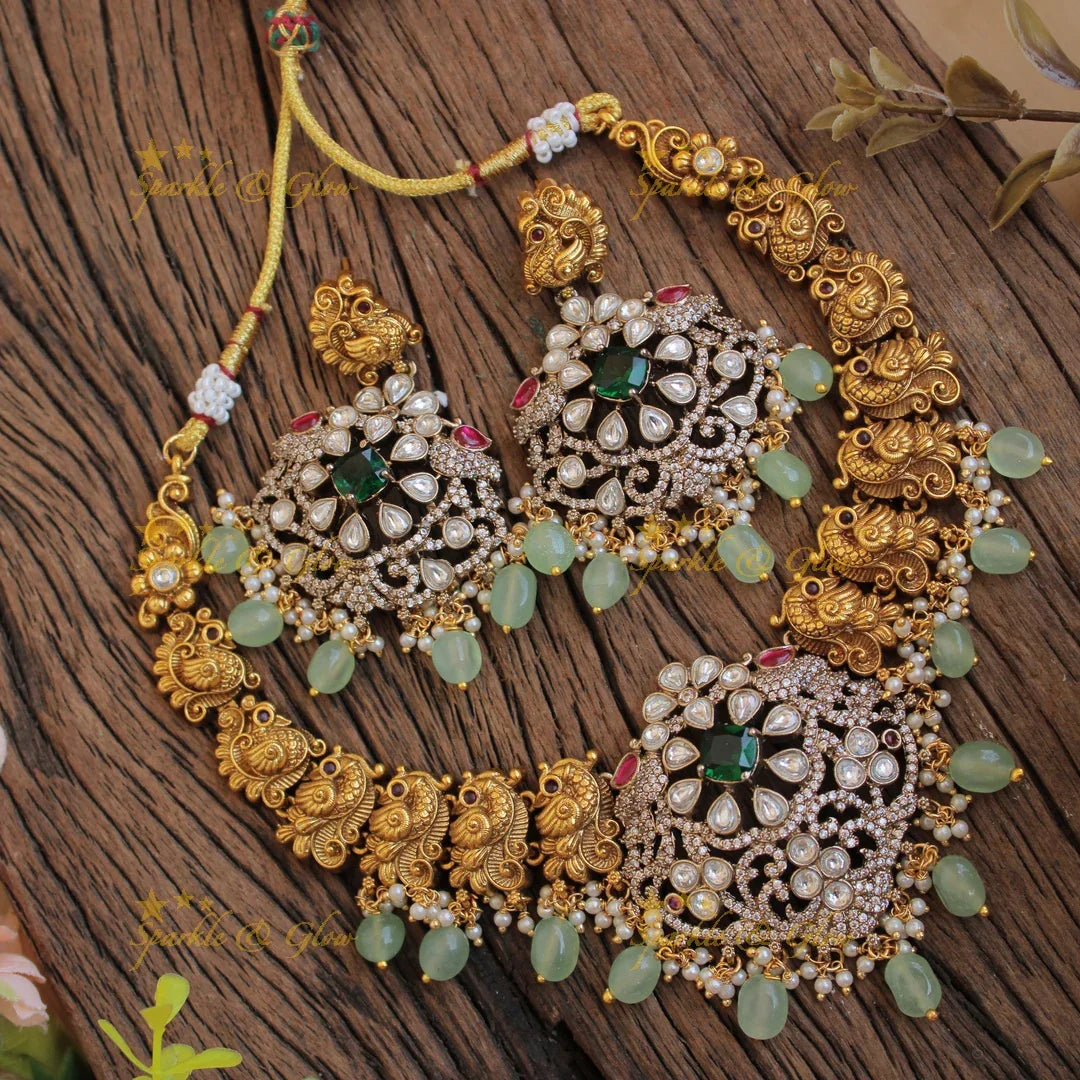 Elegant Peacock floral design dual tone victorian AD short necklace with emerald and mint green beads - Sparkle and Glow