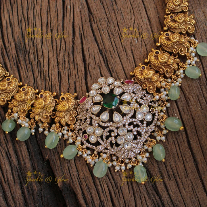 Elegant Peacock floral design dual tone victorian AD short necklace with emerald and mint green beads - Sparkle and Glow
