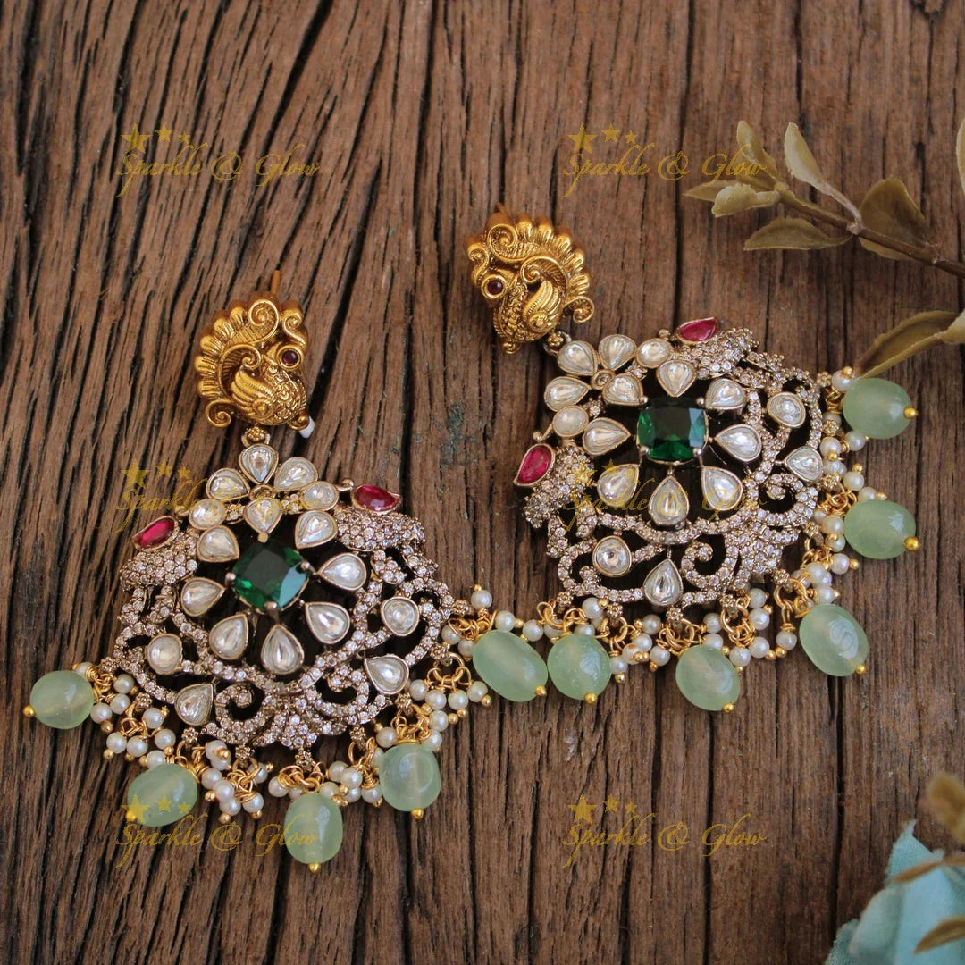 Elegant Peacock floral design dual tone victorian AD short necklace with emerald and mint green beads - Sparkle and Glow