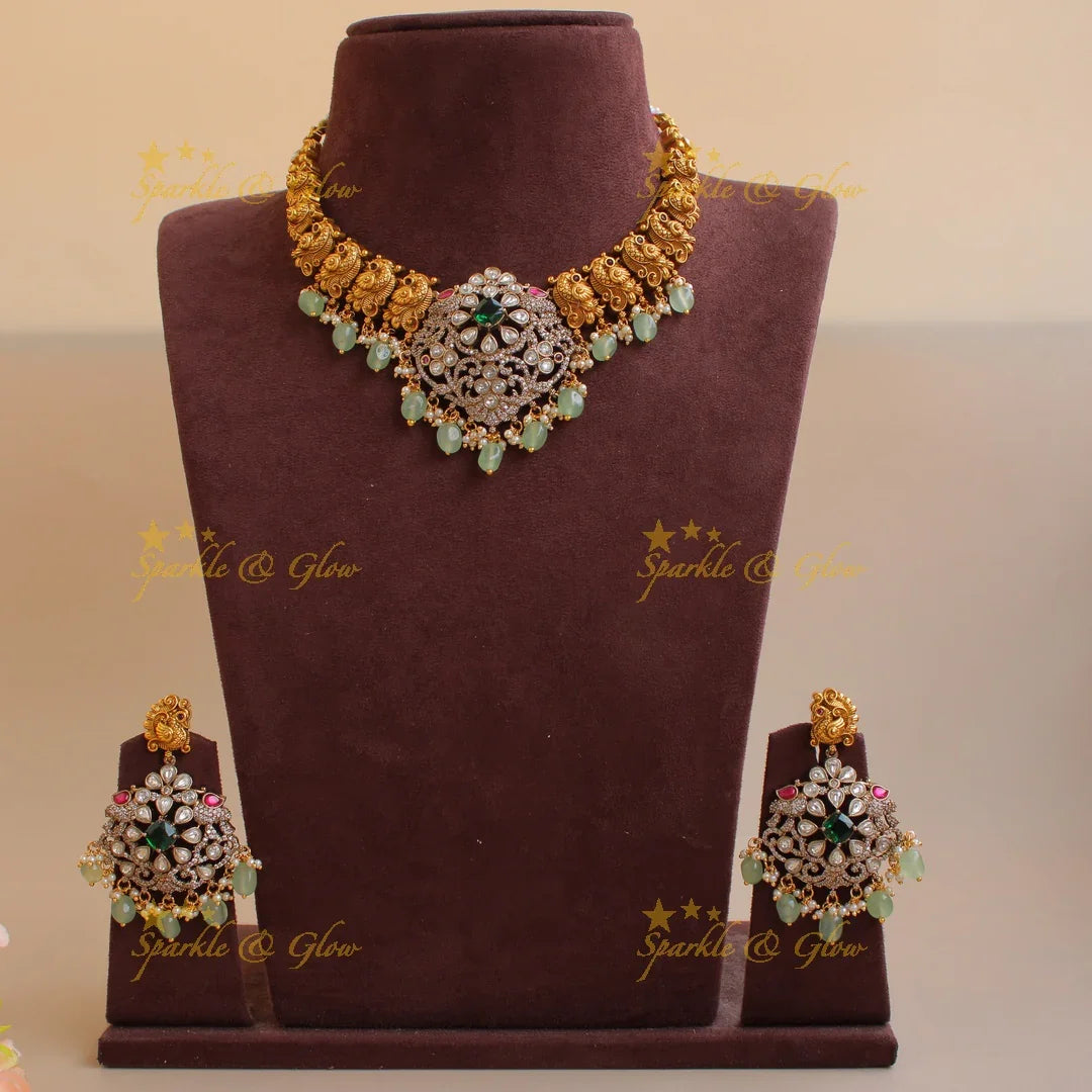 Elegant Peacock floral design dual tone victorian AD short necklace with emerald and mint green beads - Sparkle and Glow