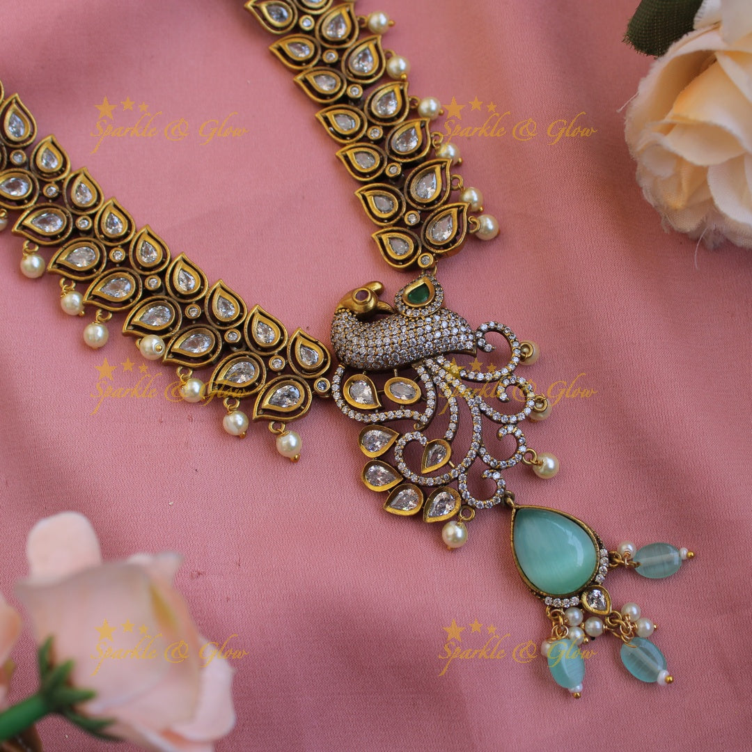 Elegant Peacock leaf design victorian AD short necklace with mint green beads and stones