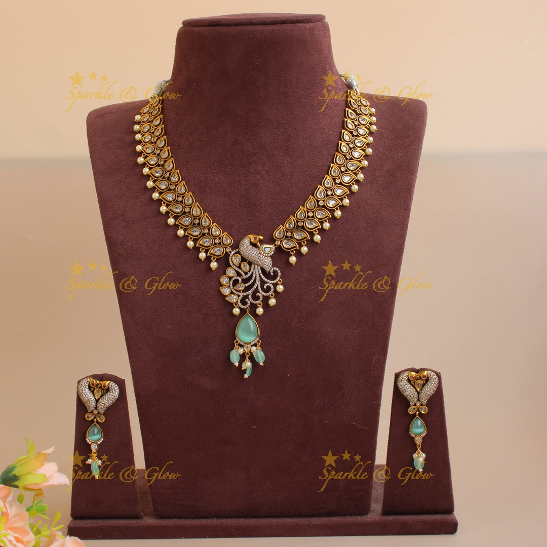 Elegant Peacock leaf design victorian AD short necklace with mint green beads and stones