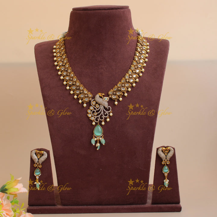 Elegant Peacock leaf design victorian AD short necklace with mint green beads and stones