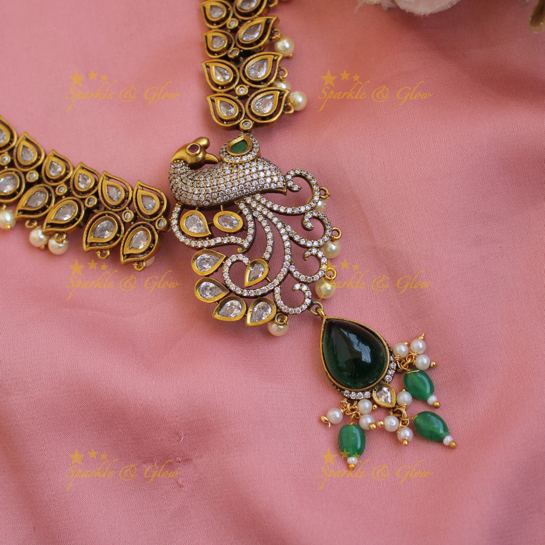 Elegant Peacock leaf design victorian AD short necklace with green beads and stones