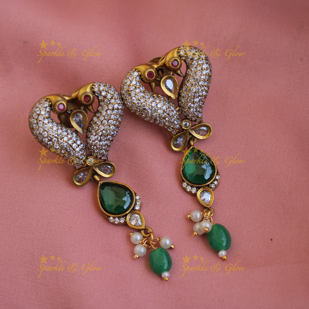 Elegant Peacock leaf design victorian AD short necklace with green beads and stones