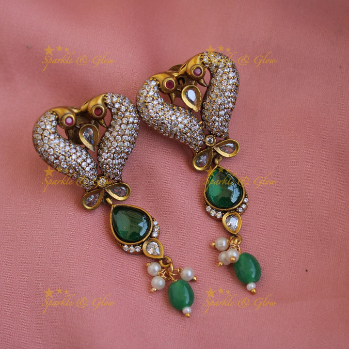 Elegant Peacock leaf design victorian AD short necklace with green beads and stones