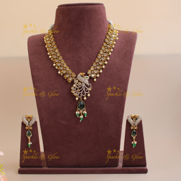 Elegant Peacock leaf design victorian AD short necklace with green beads and stones