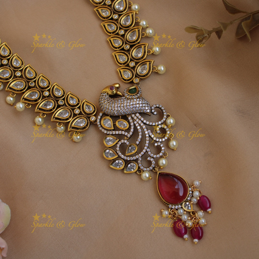 Elegant Peacock leaf design victorian AD short necklace with red beads and stones
