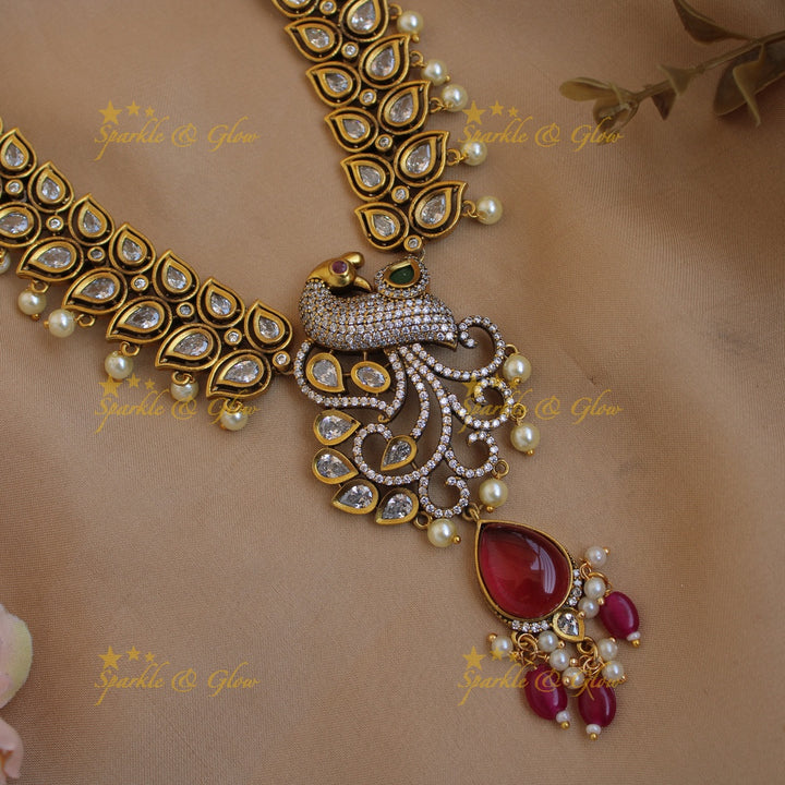 Elegant Peacock leaf design victorian AD short necklace with red beads and stones