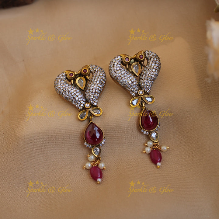 Elegant Peacock leaf design victorian AD short necklace with red beads and stones