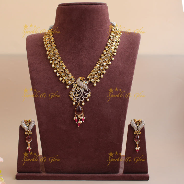 Elegant Peacock leaf design victorian AD short necklace with red beads and stones