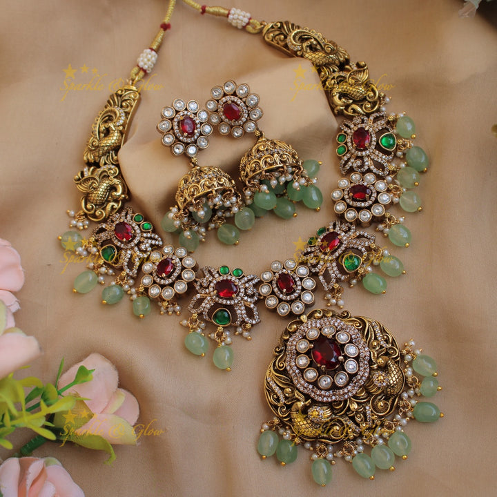 Grand Floral peacock carved dual tone victorian AD short necklace with emerald and mint green beads