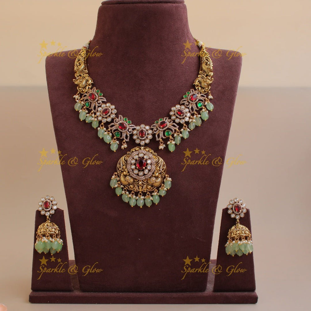 Grand Floral peacock carved dual tone victorian AD short necklace with ruby and mint green beads - Sparkle and Glow - Back Thread - 