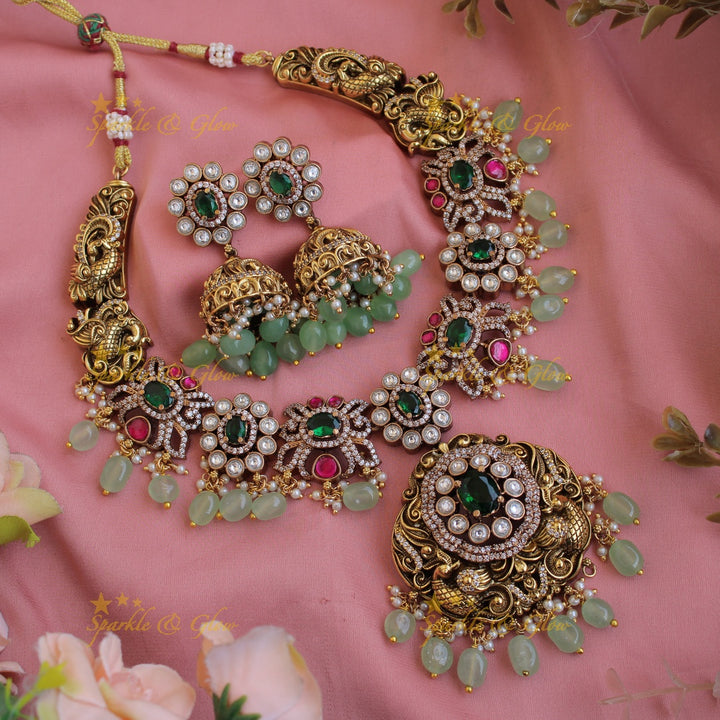 Grand Floral peacock carved dual tone victorian AD short necklace with emerald and mint green beads