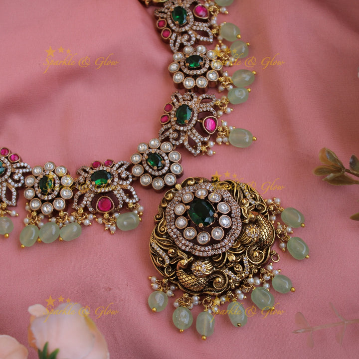 Grand Floral peacock carved dual tone victorian AD short necklace with emerald and mint green beads