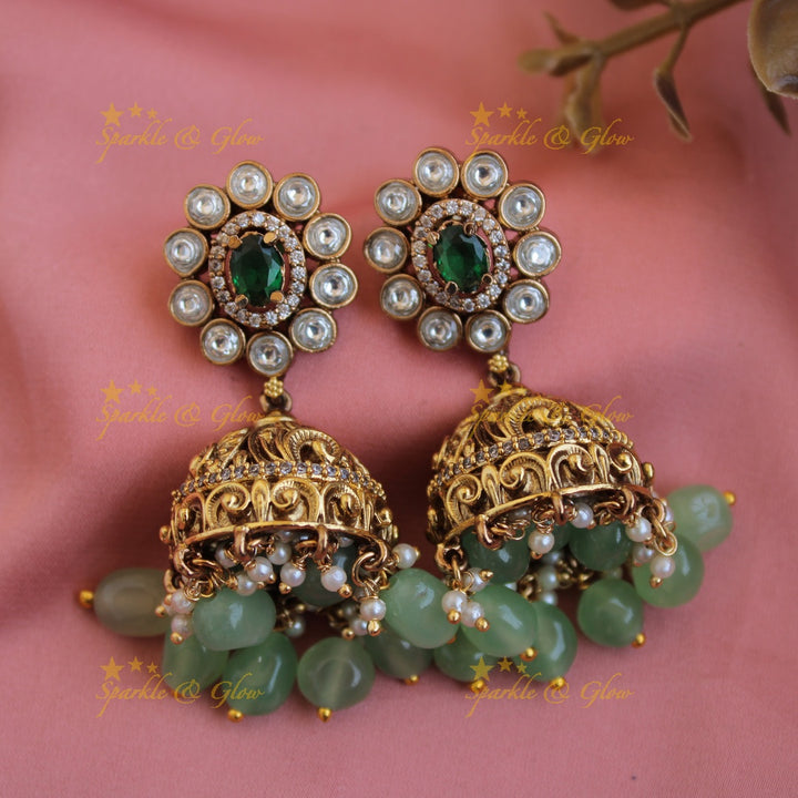 Grand Floral peacock carved dual tone victorian AD short necklace with emerald and mint green beads