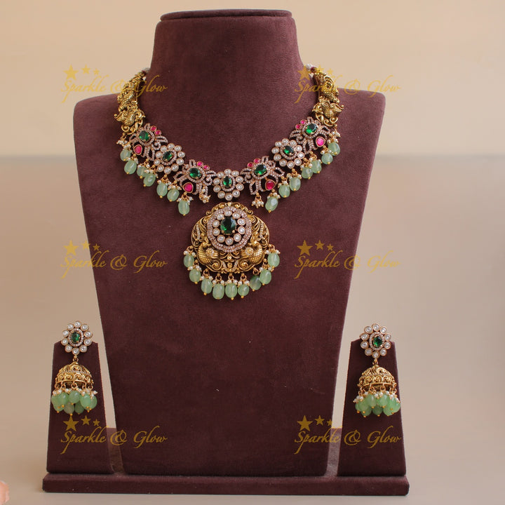 Grand Floral peacock carved dual tone victorian AD short necklace with emerald and mint green beads
