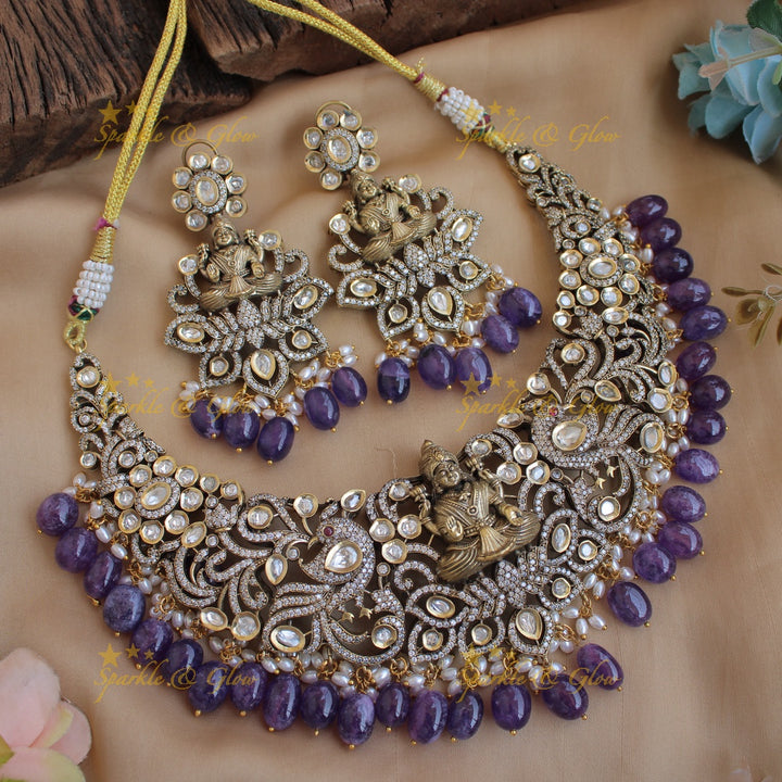 Gorgeous Lakshmi Peacock carved victorian AD short necklace with green beads