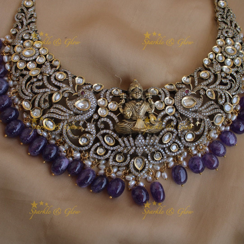 Gorgeous Lakshmi Peacock carved victorian AD short necklace with purple beads - Sparkle and Glow - Back Thread - 