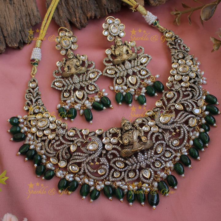 Gorgeous Lakshmi Peacock carved victorian AD short necklace with green beads