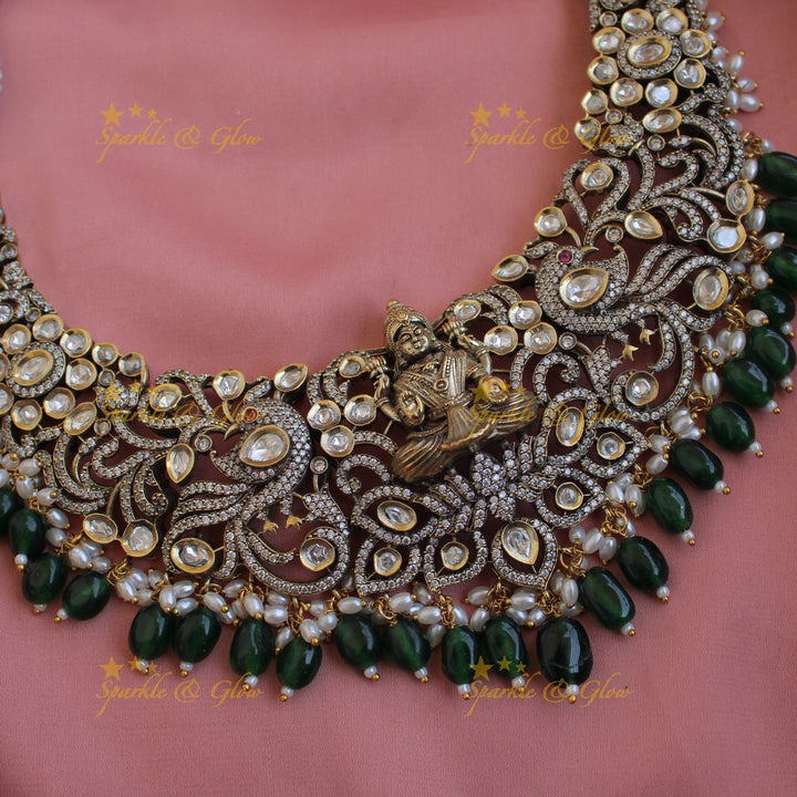 Gorgeous Lakshmi Peacock carved victorian AD short necklace with green beads