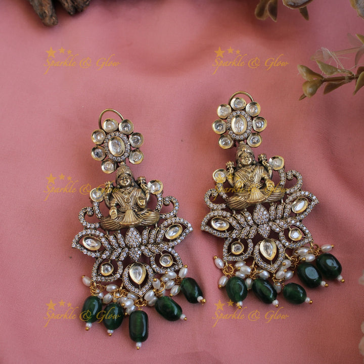 Gorgeous Lakshmi Peacock carved victorian AD short necklace with green beads