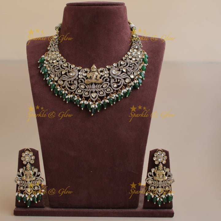 Gorgeous Lakshmi Peacock carved victorian AD short necklace with green beads