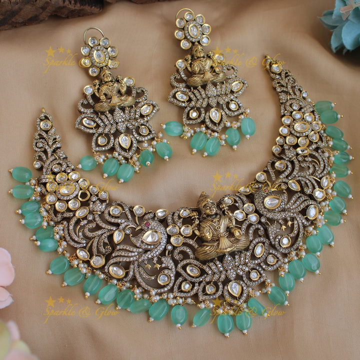 Gorgeous Lakshmi Peacock carved victorian AD short necklace with green beads