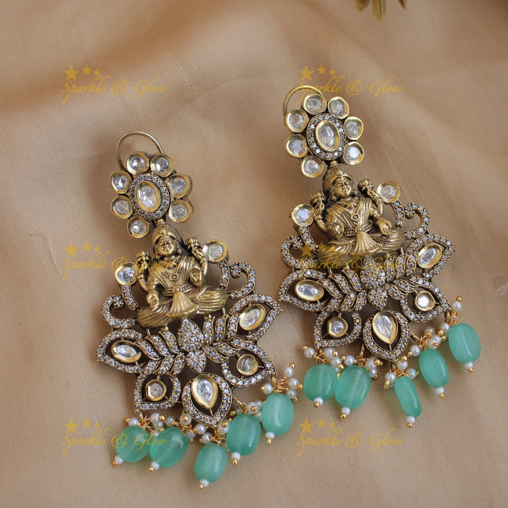 Gorgeous Lakshmi Peacock carved victorian AD short necklace with mint green beads