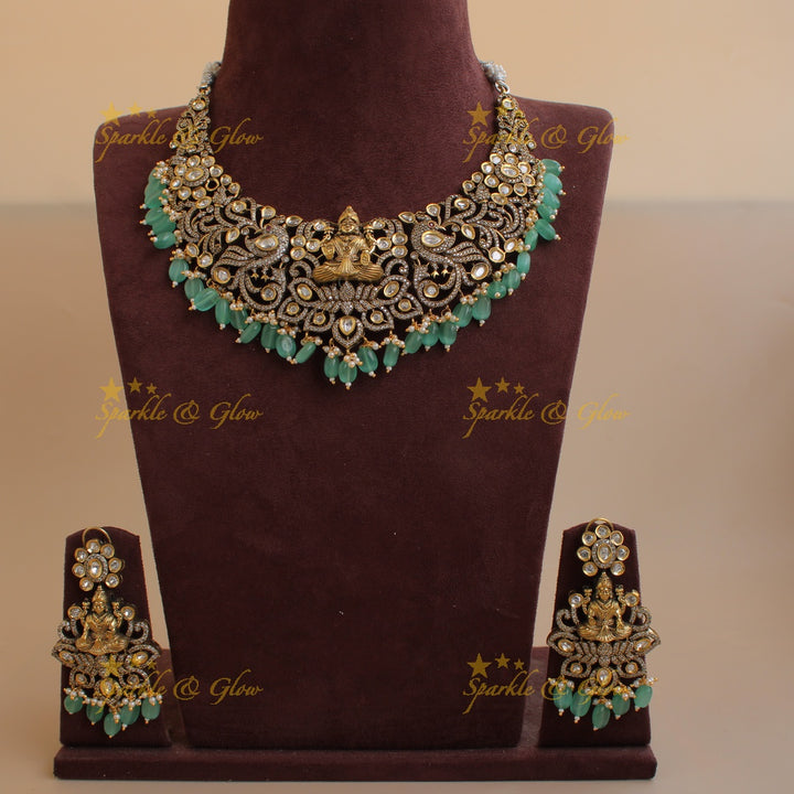 Gorgeous Lakshmi Peacock carved victorian AD short necklace with mint green beads