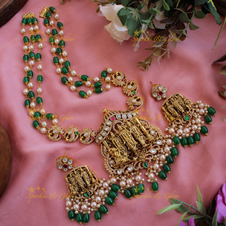 Exclusive Rama parivar pendant Victorian AD haram with multi layer pearl and mint green beads chain