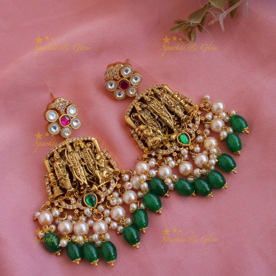 Exclusive Rama parivar pendant Victorian AD haram with multi layer pearl and green beads chain - Sparkle and Glow - Back Thread - 