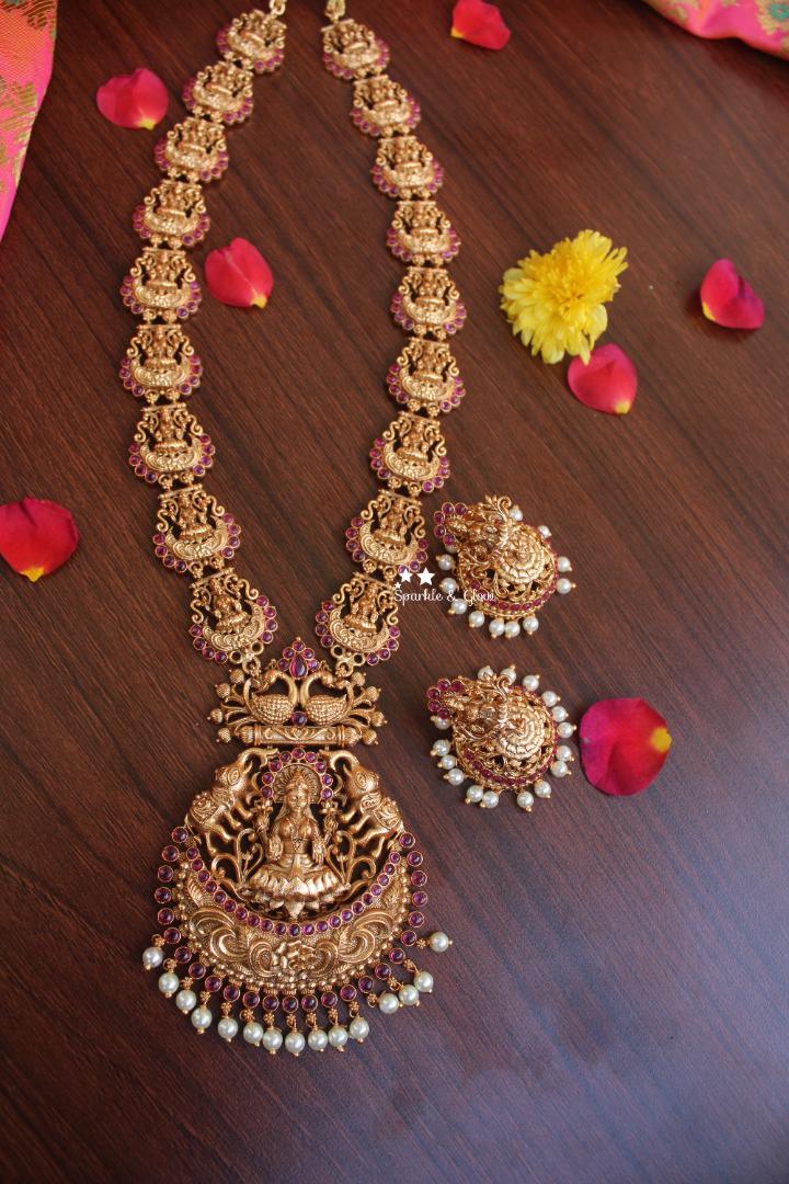 Real kemp stones premium quality matte elegant lakshmi haram - Pink Gold - Sparkle and Glow