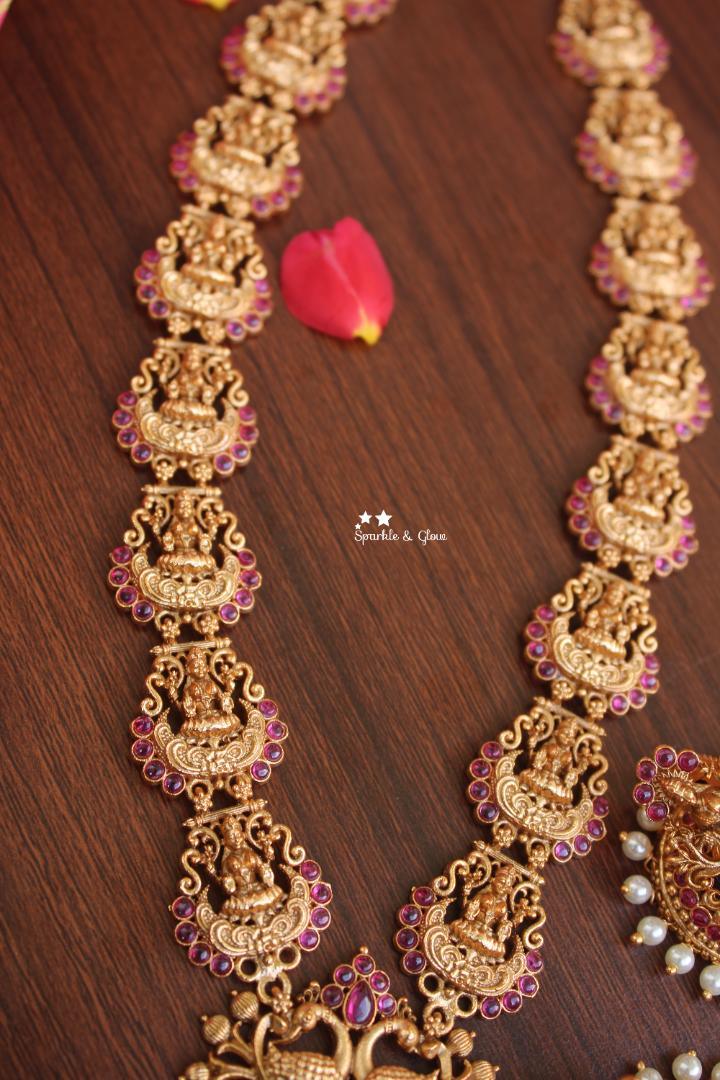 Real kemp stones premium quality matte elegant lakshmi haram - Pink Gold - Sparkle and Glow