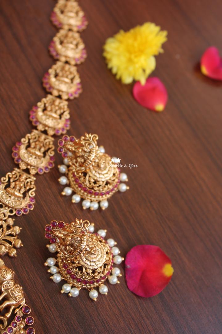 Real kemp stones premium quality matte elegant lakshmi haram - Pink Gold - Sparkle and Glow