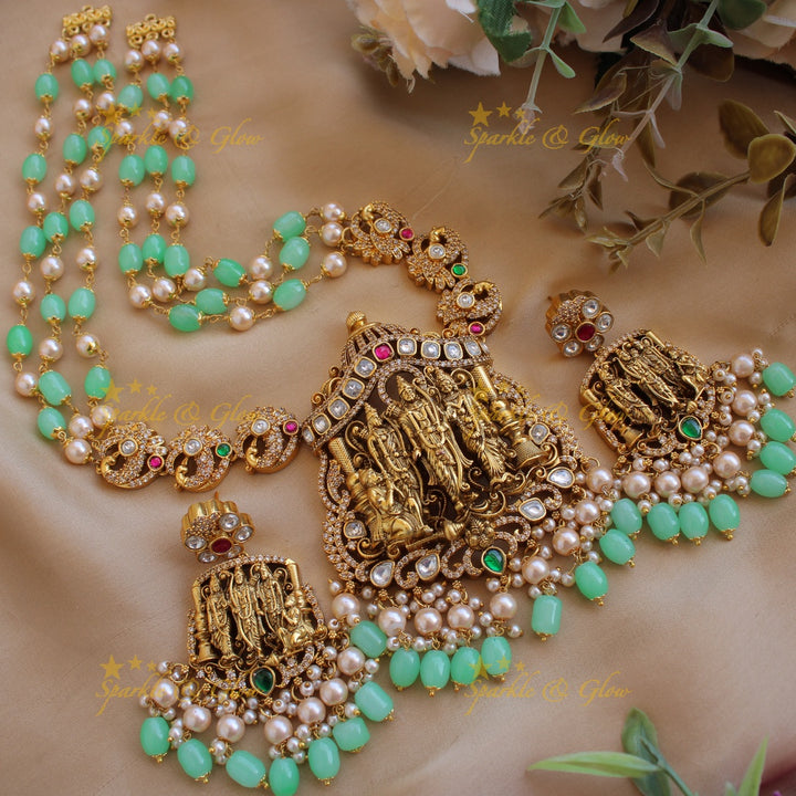 Exclusive Rama parivar pendant Victorian AD haram with multi layer pearl and purple beads chain