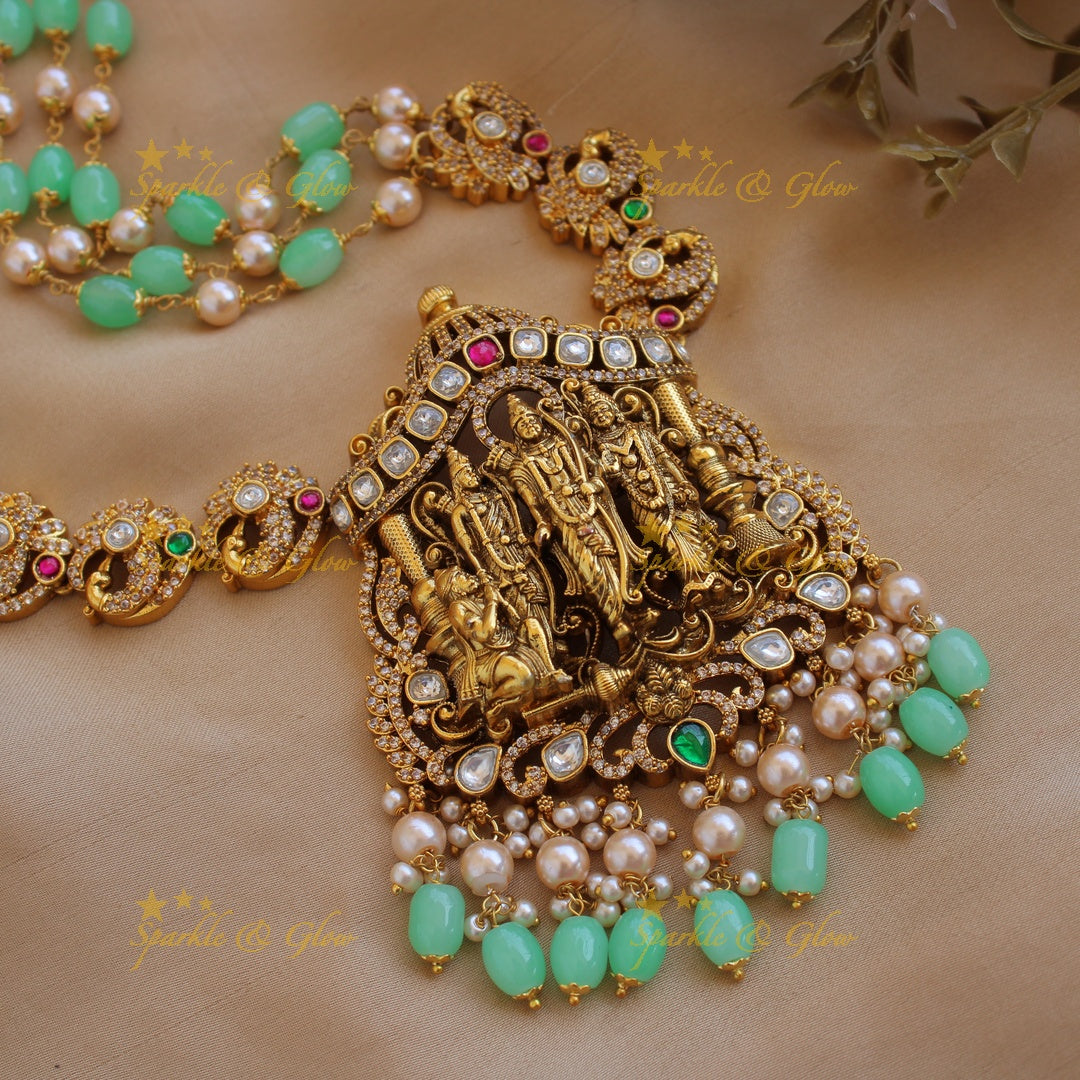 Exclusive Rama parivar pendant Victorian AD haram with multi layer pearl and mint green beads chain