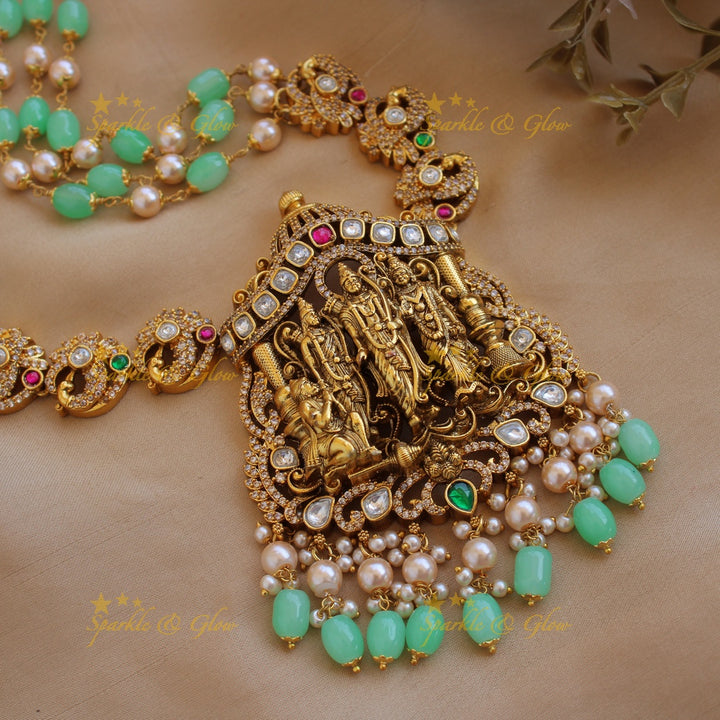 Exclusive Rama parivar pendant Victorian AD haram with multi layer pearl and mint green beads chain