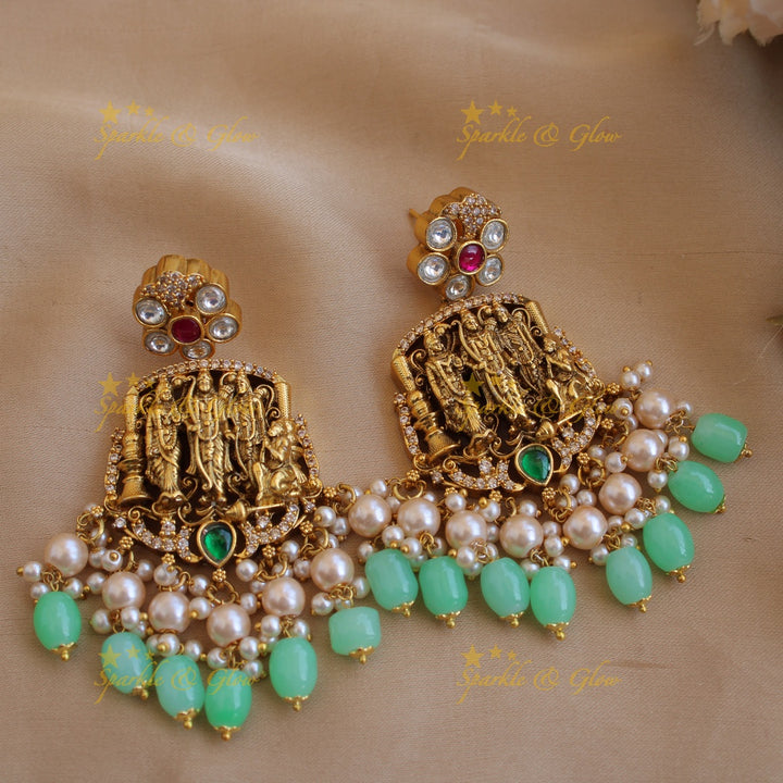 Exclusive Rama parivar pendant Victorian AD haram with multi layer pearl and mint green beads chain