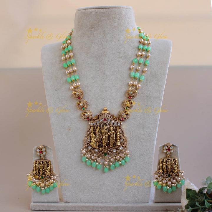Exclusive Rama parivar pendant Victorian AD haram with multi layer pearl and mint green beads chain
