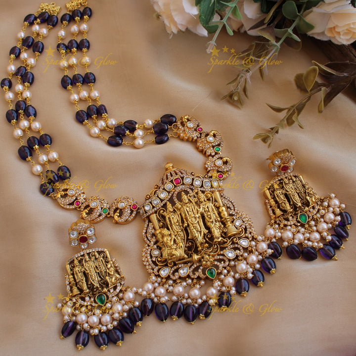 Exclusive Rama parivar pendant Victorian AD haram with multi layer pearl and mint green beads chain