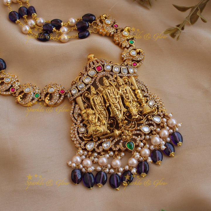 Exclusive Rama parivar pendant Victorian AD haram with multi layer pearl and purple beads chain