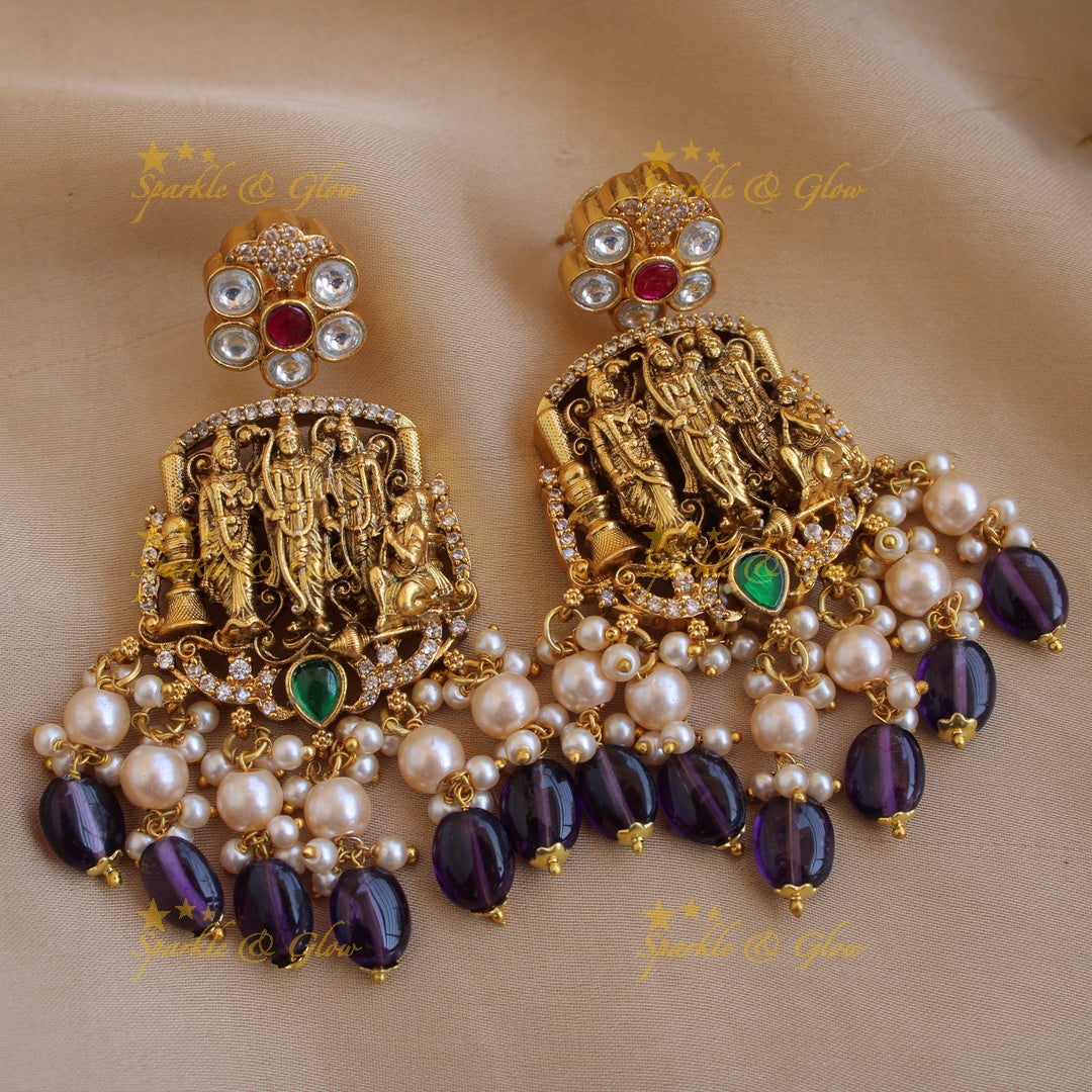 Exclusive Rama parivar pendant Victorian AD haram with multi layer pearl and purple beads chain
