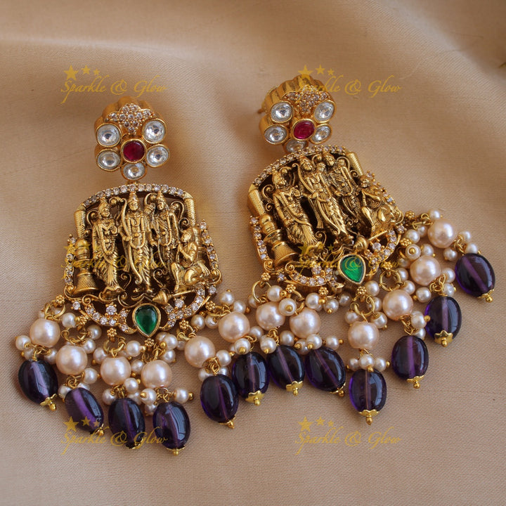 Exclusive Rama parivar pendant Victorian AD haram with multi layer pearl and purple beads chain