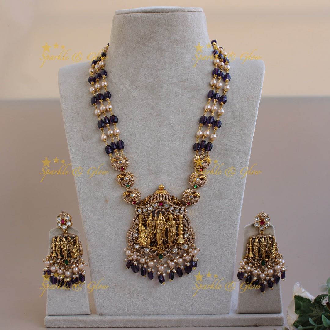 Exclusive Rama parivar pendant Victorian AD haram with multi layer pearl and purple beads chain