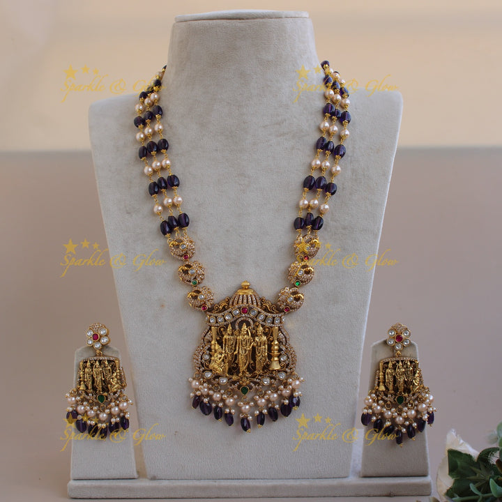 Exclusive Rama parivar pendant Victorian AD haram with multi layer pearl and purple beads chain