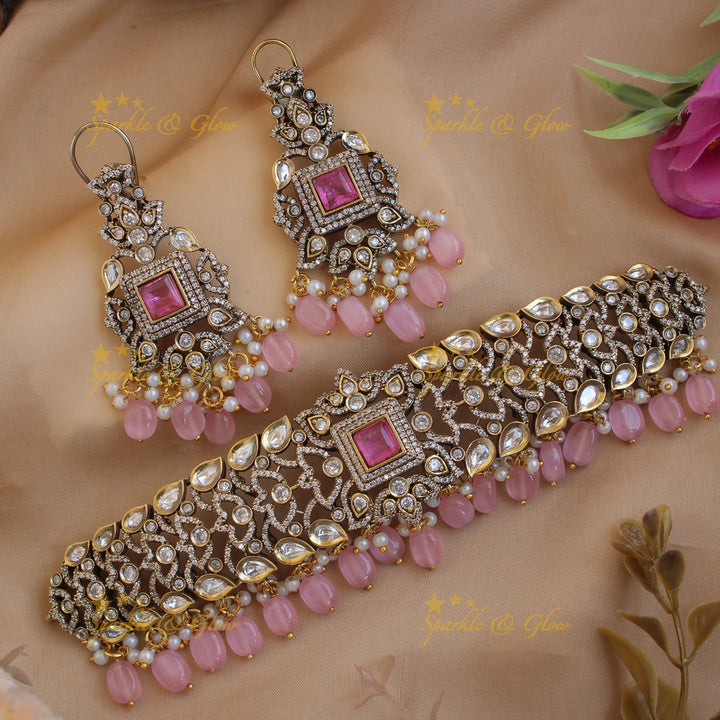Stunning floral leaf design Victorian AD choker with baby pink beads and stone