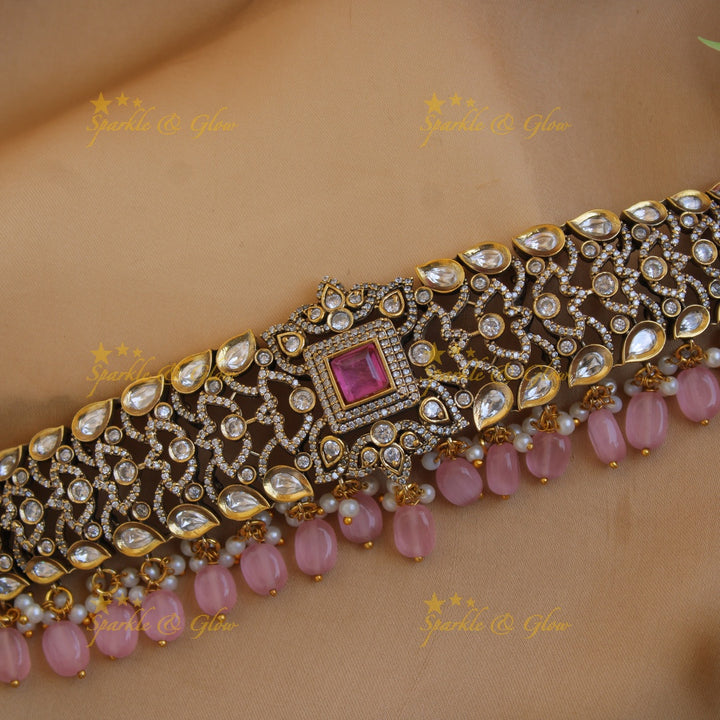 Stunning floral leaf design Victorian AD choker with baby pink beads and stone
